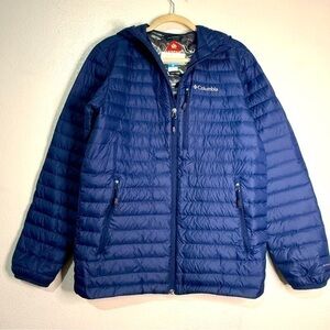 Columbia omni-heat hooded down jacket, blue w/silver lining. Sz S. Preowned. EUC